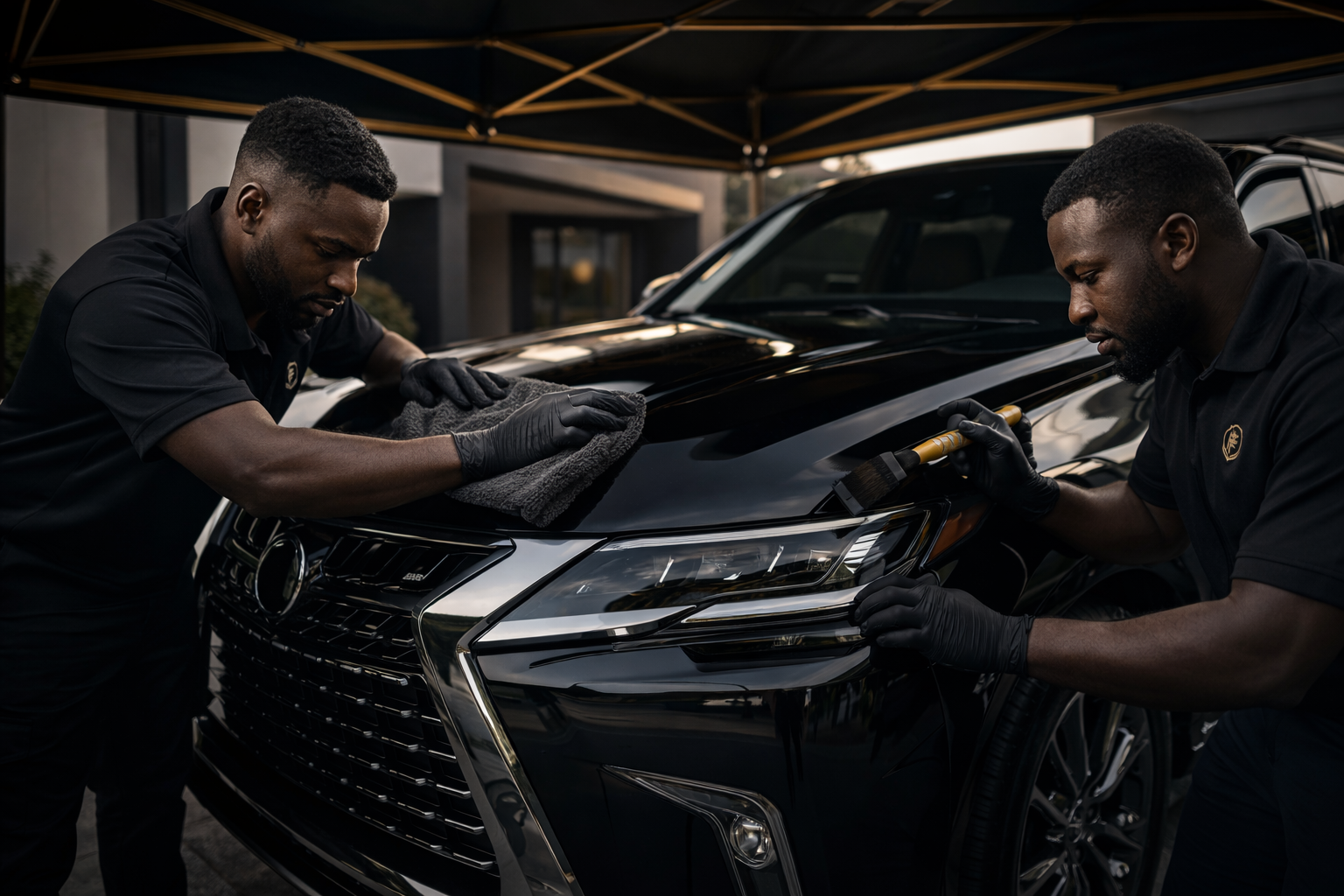 Luxury SUV being detailed under a gazebo
